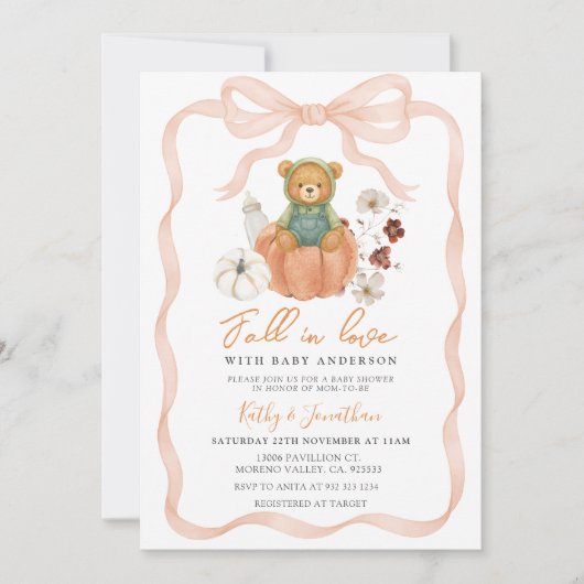 Invitation Bear Fall in Love Bow Citrouille Baby shower (Devant)