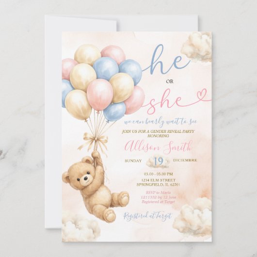 Invitation Bear Gender Reveal Pink and Blue Balloon (Devant)