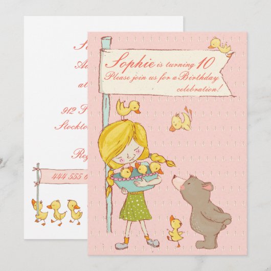 Invitation Bear Girl Ducklings Enfants Anniversaire Invitatio (Devant / Derrière)
