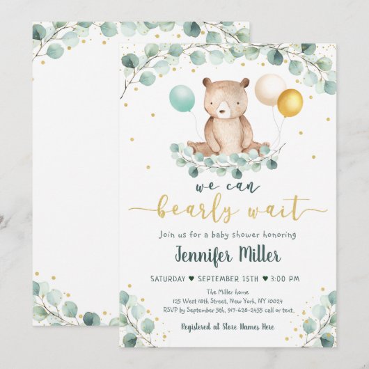 Invitation Bear Greenery Or Genre Baby shower neutre (Devant / Derrière)