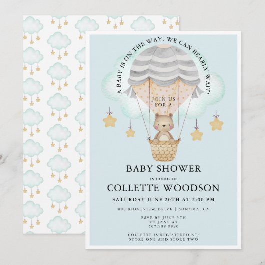 Invitation Bear Hot air Balloon Baby shower garçon (Devant / Derrière)