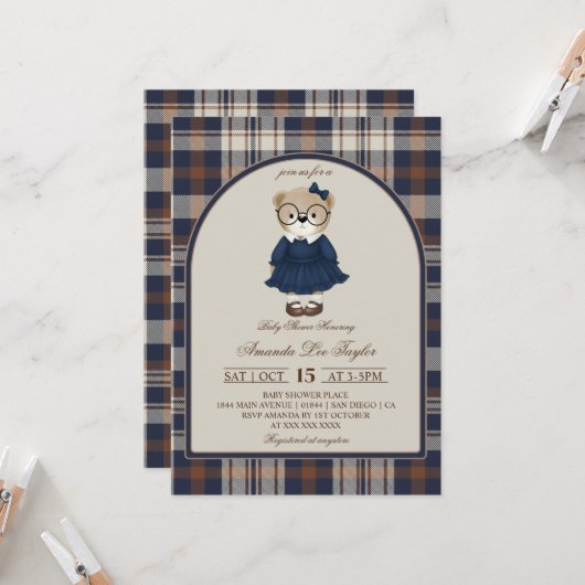 Invitation Bear Luxury Plaid Girl Baby Shower (Devant/Arrière en situation)