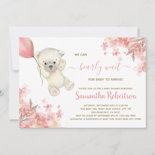Invitation Bear mignonne rose floral Balloon Baby shower fill (Devant)