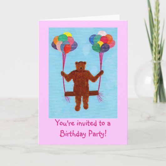 Invitation Bear on Balloon Swing Anniversaire pour enfants (Devant)