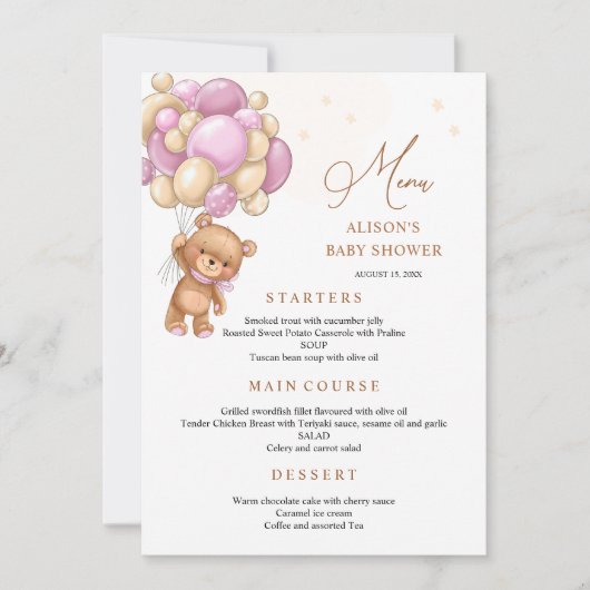 Invitation Bear Pink Balloons Baby Shower Menu (Devant)