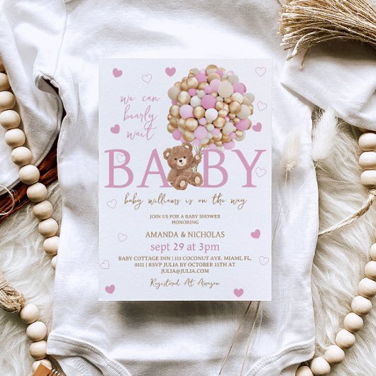 Invitation Bear Pink Balloons Girl Baby shower