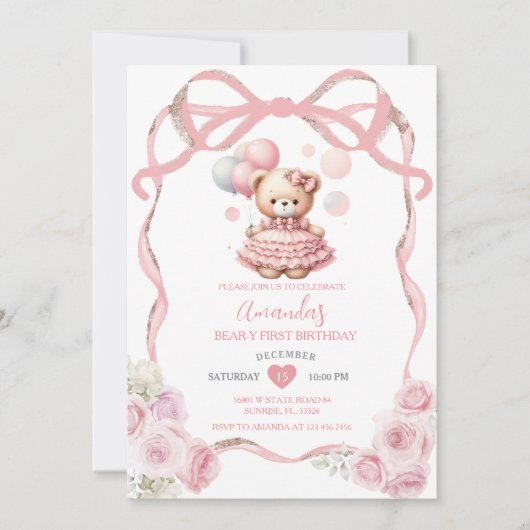 Invitation Bear Pink Bow Ribbon Premier anniversaire (Devant)