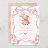 Invitation Bear Pink Bow Ribbon Premier anniversaire (Devant / Derrière)
