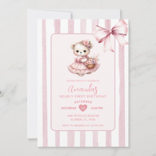 Invitation Bear Pink Cute Ribbon Premier anniversaire (Devant)