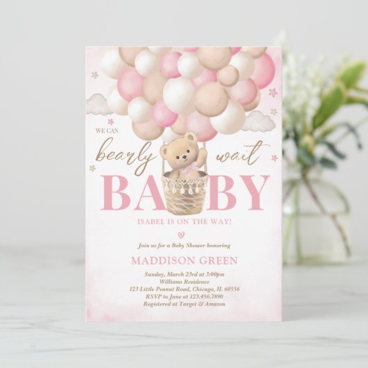 Invitation Bear Pink Hot Air Balloon Girl Baby shower (Debout devant)