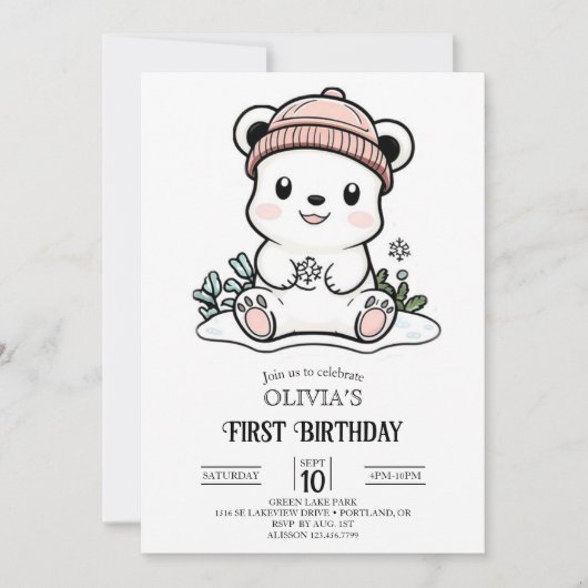 Invitation Bear Polaire simple mignonne 1er Anniversaire numé (Devant)