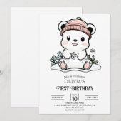 Invitation Bear Polaire simple mignonne 1er Anniversaire numé (Devant / Derrière)