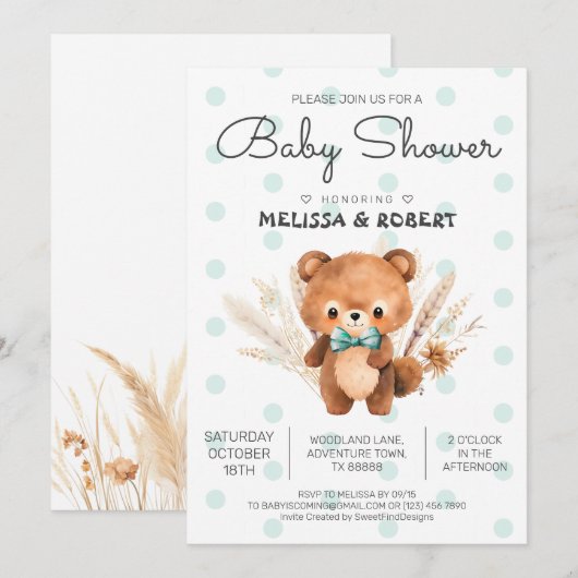 Invitation Bear Polka Baby Boy Douche (Devant / Derrière)
