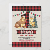 Invitation Bear premier anniversaire bison rouge flannelle bû (Devant)