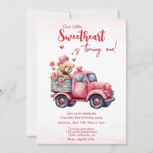Invitation Bear Red Hearts Camion Anniversaire (Devant)
