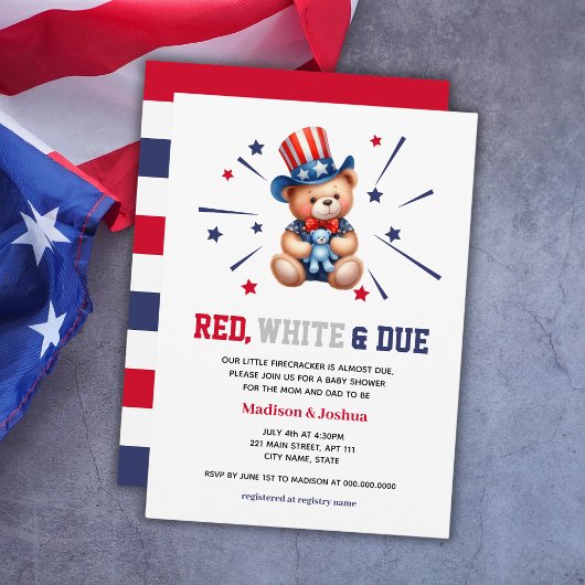 Invitation Bear Red White Due Boy Baby shower 4 juillet