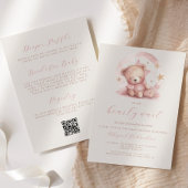 Invitation Bear rose mignonne QR Code fille Baby shower