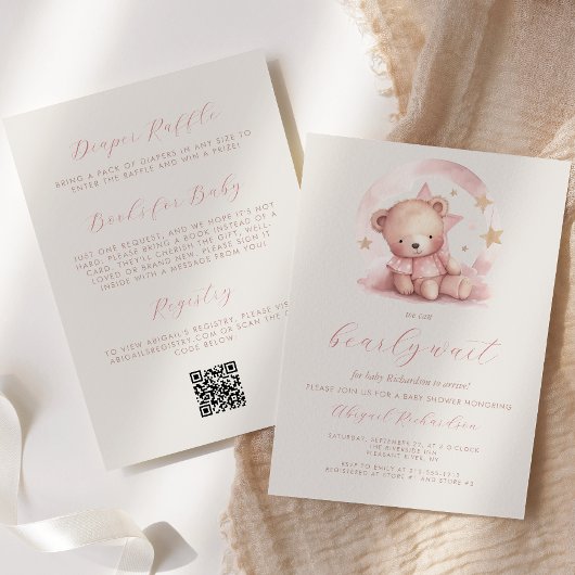 Invitation Bear rose mignonne QR Code fille Baby shower