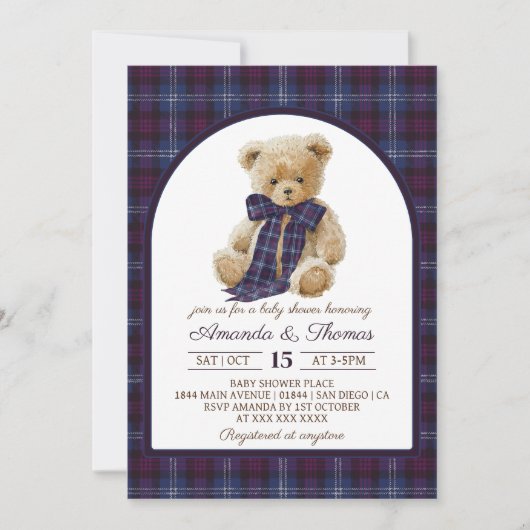 Invitation Bear Tartan Gender Neutral Baby Shower (Devant)