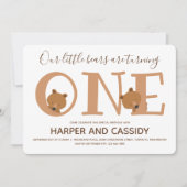 Invitation Bear Twins One mignon animal premier anniversaire (Devant)