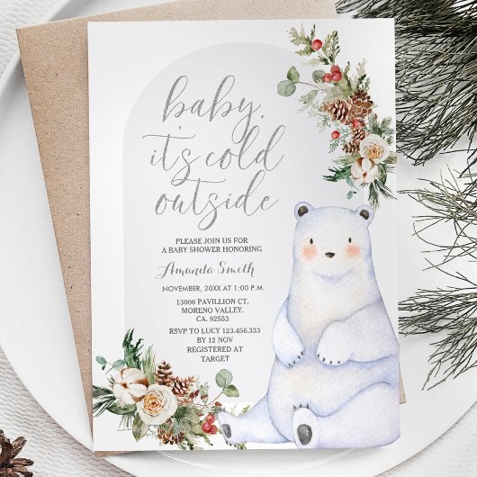Invitation Bear Winter Berries Snowflakes Baby shower des arb
