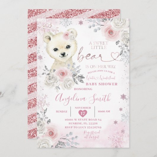 Invitation Bear Winter Pastel Pink Snowflake Baby shower (Devant / Derrière)