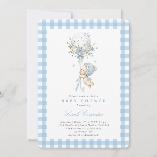 Invitation Bear with Balloon Baby Shower Boy (Devant)