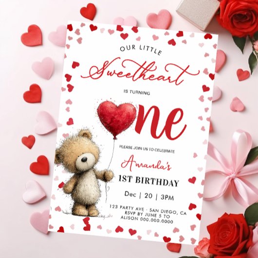 Invitation Bear with balloon Valentines 1st girl Birthday