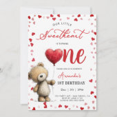 Invitation Bear with balloon Valentines 1st girl Birthday (Devant)
