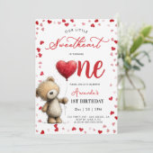Invitation Bear with balloon Valentines 1st girl Birthday (Debout devant)