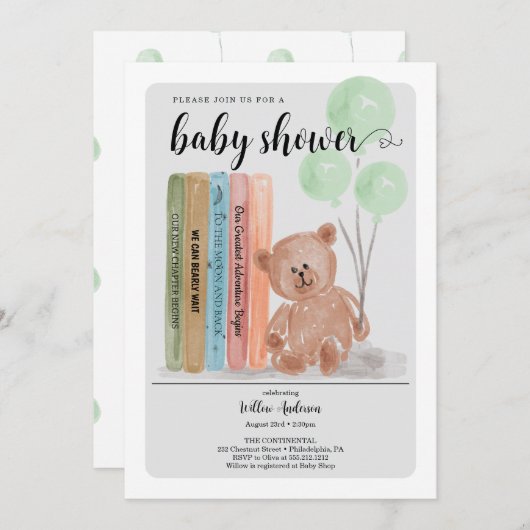 Invitation Bear with Books Bearly Wait Green Baby Shower