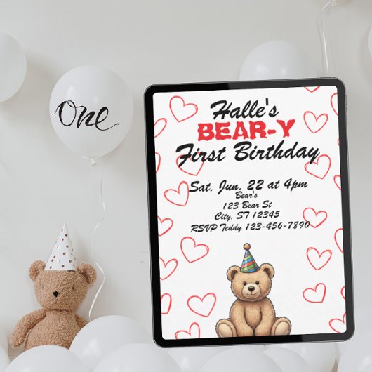 Invitation BEAR-Y First Birthday, cute teddy bear birthday