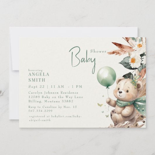 Invitation Bear y Happy Green Boho Baby shower (Devant)
