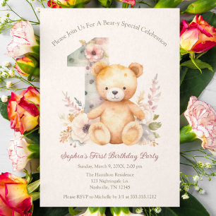 Invitation Bear-y Special Spring Floral First Birthday