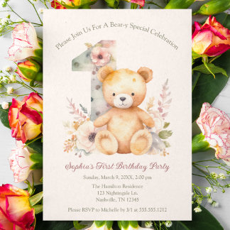 Invitation Bear-y Special Spring Floral First Birthday