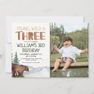 Invitation Bear-Young Wild and Three Boys 3e anniversaire