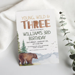 Invitation Bear-Young Wild and Three Boys 3e anniversaire
