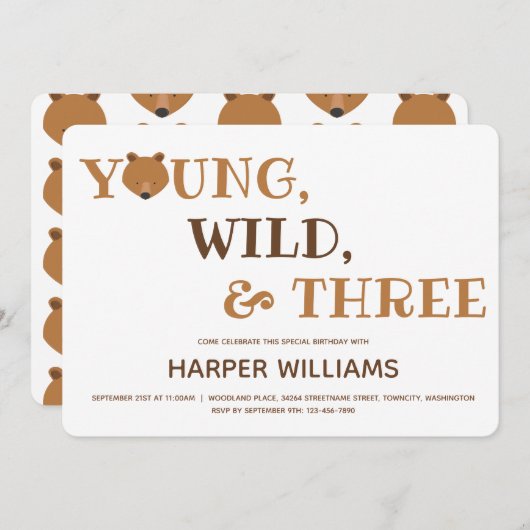 Invitation Bear Young Wild Three Kids 3e anniversaire (Devant / Derrière)