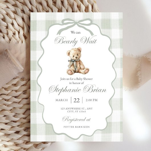 Invitation Bearly Baby Shower Invite Download Sage Green Ging