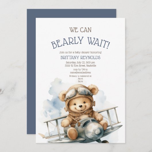 Invitation Bearly Wait Avion Baby shower bleu (Devant / Derrière)