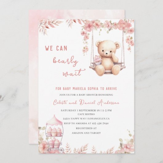 Invitation Bearly wait Baby shower rose aquarelleInvitation (Devant / Derrière)