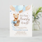 Invitation Bearly Wait Balloons Bow Blue Tan Boy Baby shower (Debout devant)