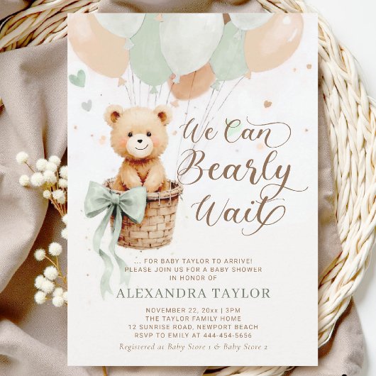 Invitation Bearly Wait Balloons Bow Sage Tan Chic Baby shower