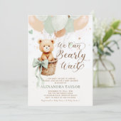 Invitation Bearly Wait Balloons Bow Sage Tan Chic Baby shower (Debout devant)