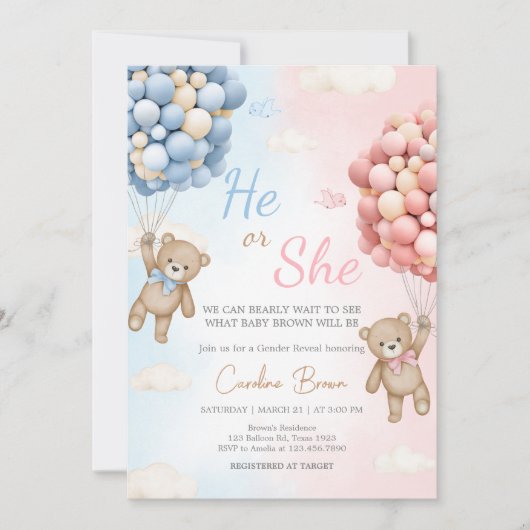 Invitation Bearly Wait Bear Balloon Gender Reveal (Devant)