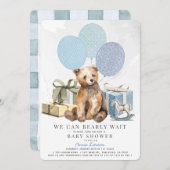 Invitation Bearly Wait Bear Blue Balloon Baby shower garçon (Devant / Derrière)