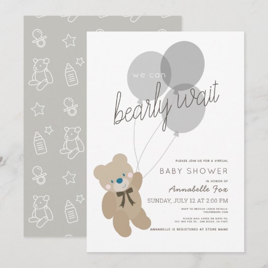 Invitation Bearly Wait Bear Grey Baby shower virtuel (Devant / Derrière)