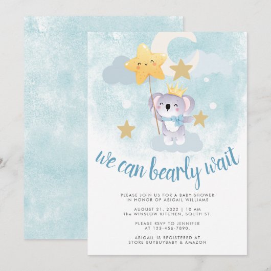 Invitation Bearly wait bleu ours étoile & ciel baby shower (Devant / Derrière)