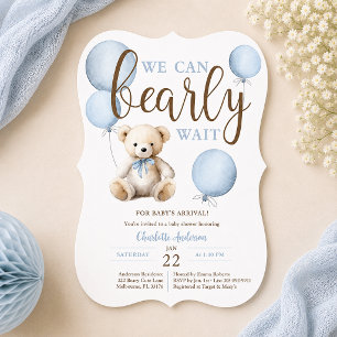 Invitation Bearly Wait Blue Balloon Teddy Bear Baby Shower