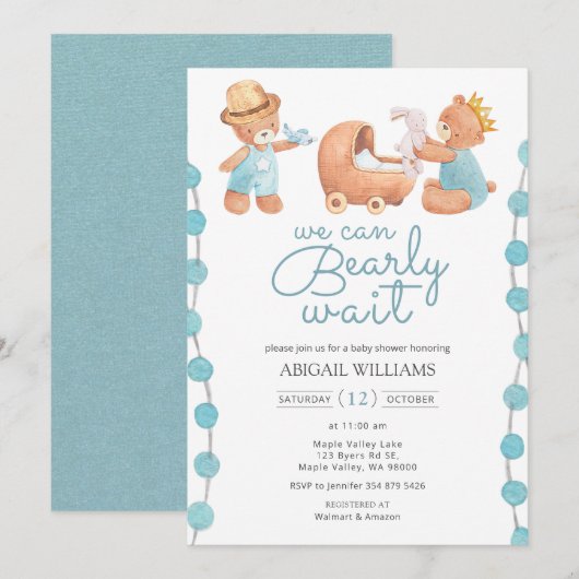 Invitation Bearly Wait Blue Teddy Bear Baby shower (Devant / Derrière)
